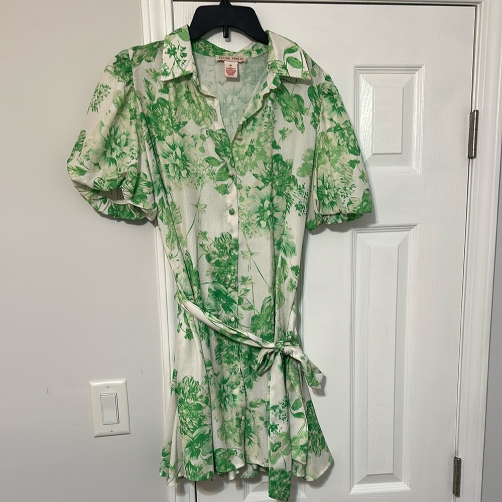 Flying Tomato Green and White Floral Button Down Dress